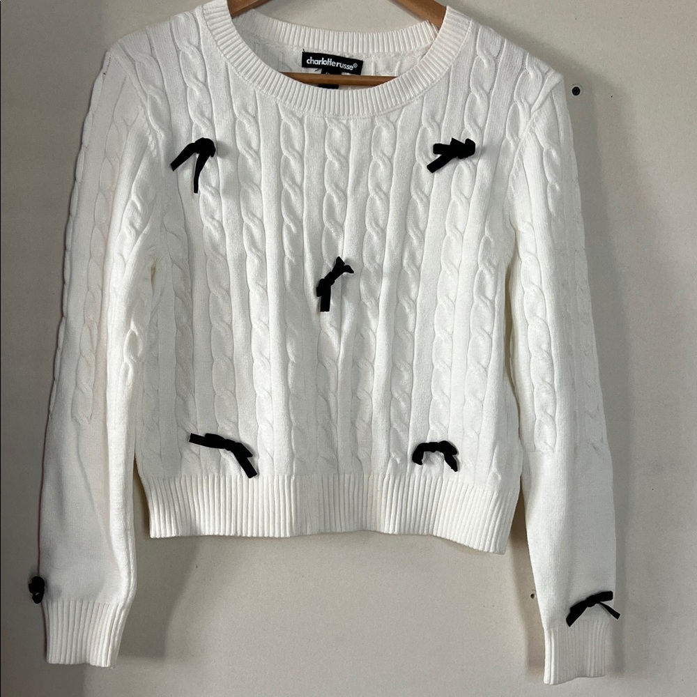 Charlotte Russe White Sweater with Black Bow Details